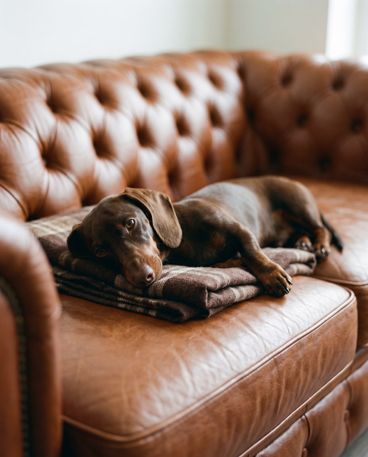 Archie couché sur un canapé en cuir cognac