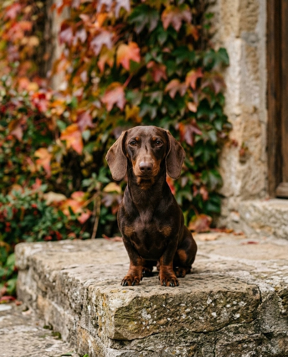 Archie sur un perron en pierre, feuillage d'automne