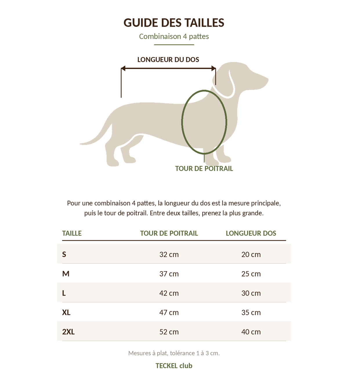 Guide des tailles TECKEL club, combinaison 4 pattes, fond blanc